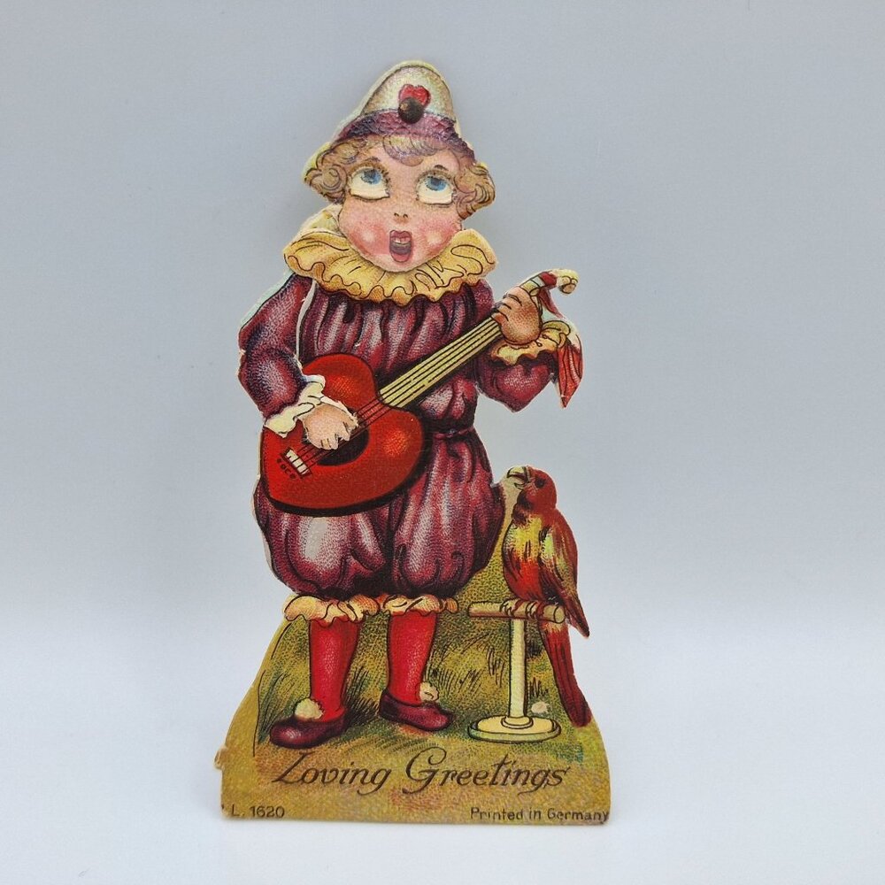 Vintage German Die-Cut Clown‎ Card Guitar Parrot Moving Arm Musician Valentine